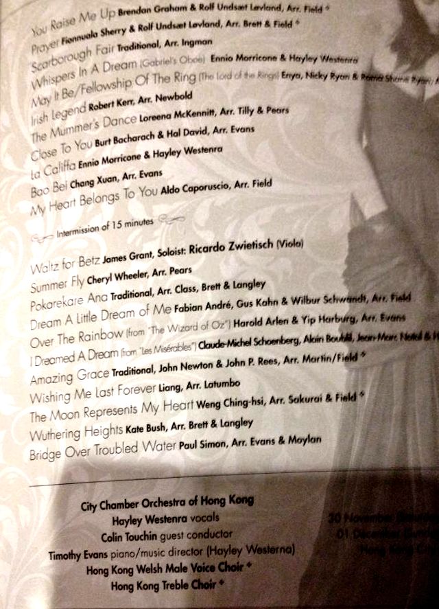 Hayley Westenra concert Hong Kong 30 November 2013: song list from the programme